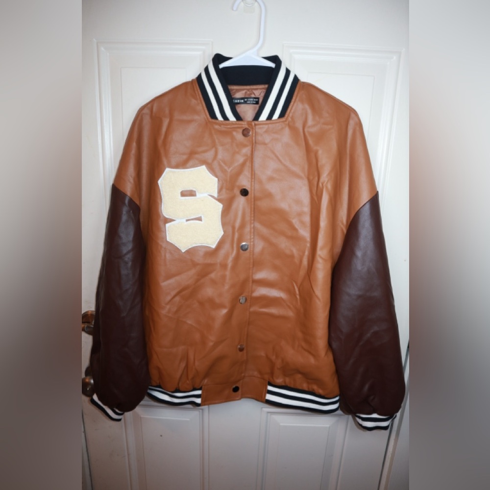 SHEIN letter patched drop shoulder striped trim PU leather bomber jacket SIZE L